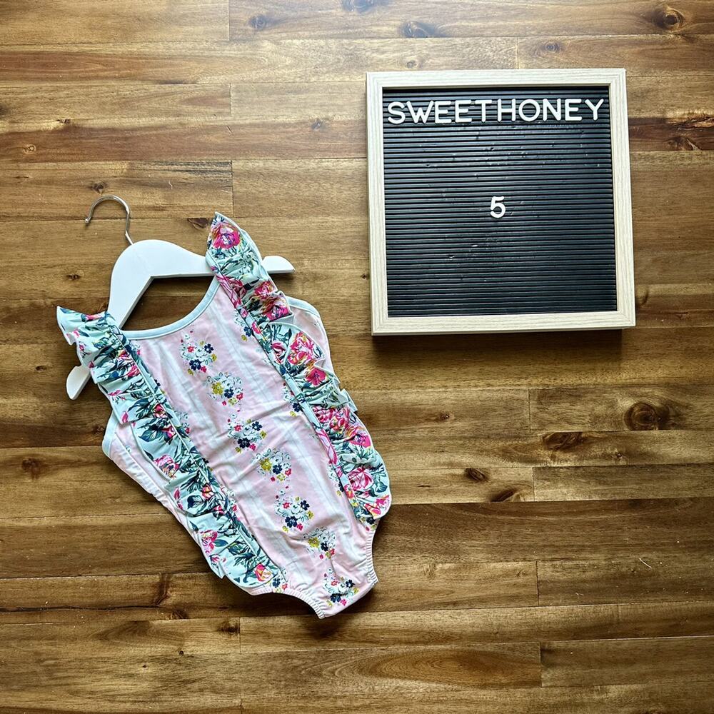 NWT SweetHoney Mary One Piece Swimsuit Regal Roses Floral Pink Green Ruffle 5